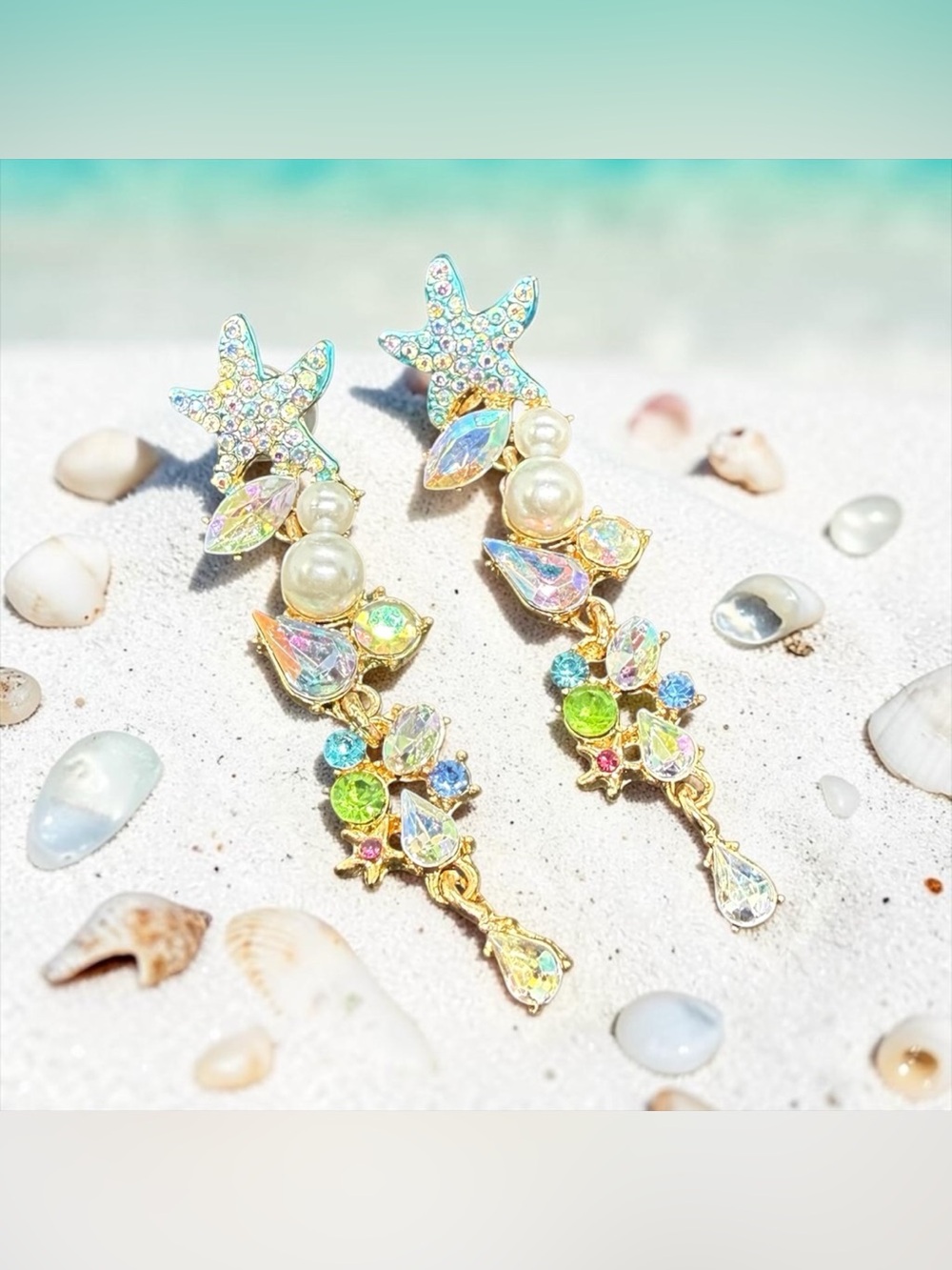 🐚Gold-tone Iridescent Starfish Drop Earrings with Faux Pearls & Rhinestones/NIP🐚